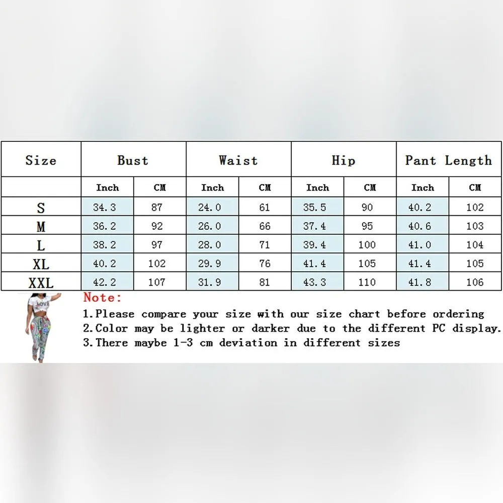 Short Sleeve Letter Floral Print Crop Top   Long Pants Two-Piece Jumpsuit Outfit