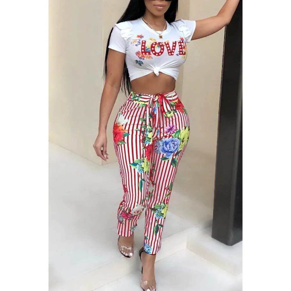 Short Sleeve Letter Floral Print Crop Top   Long Pants Two-Piece Jumpsuit Outfit