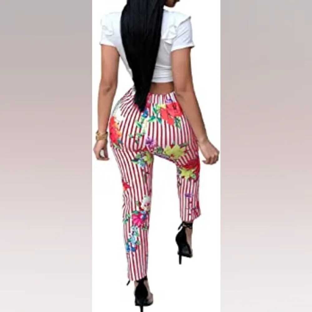 Short Sleeve Letter Floral Print Crop Top   Long Pants Two-Piece Jumpsuit Outfit