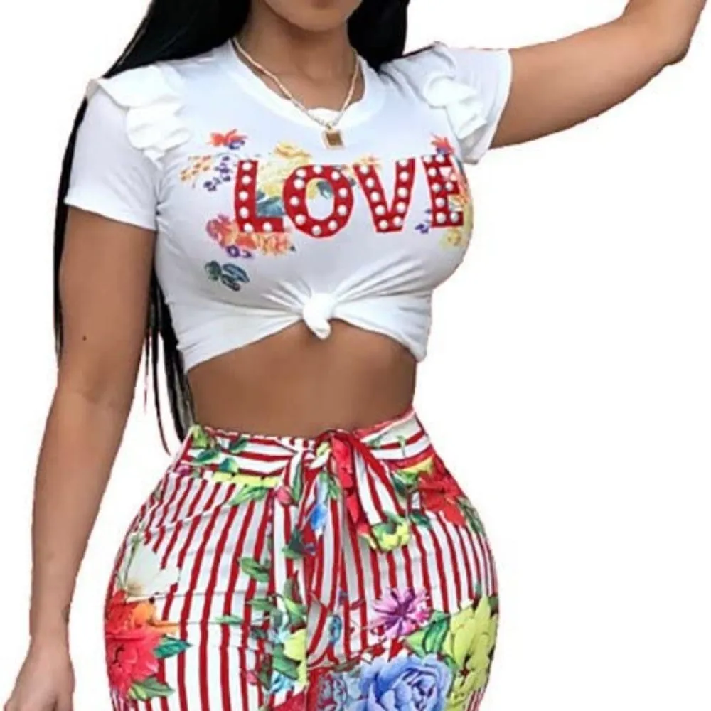 Short Sleeve Letter Floral Print Crop Top   Long Pants Two-Piece Jumpsuit Outfit