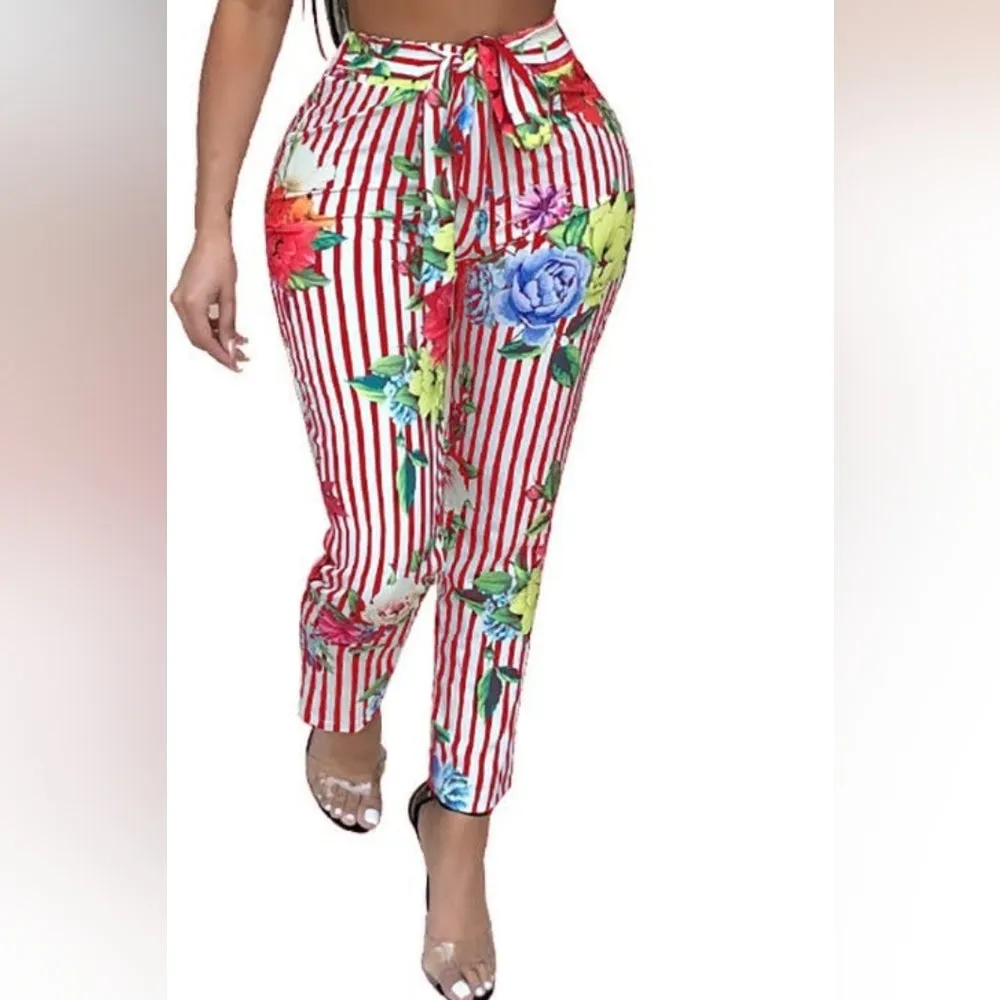 Short Sleeve Letter Floral Print Crop Top   Long Pants Two-Piece Jumpsuit Outfit