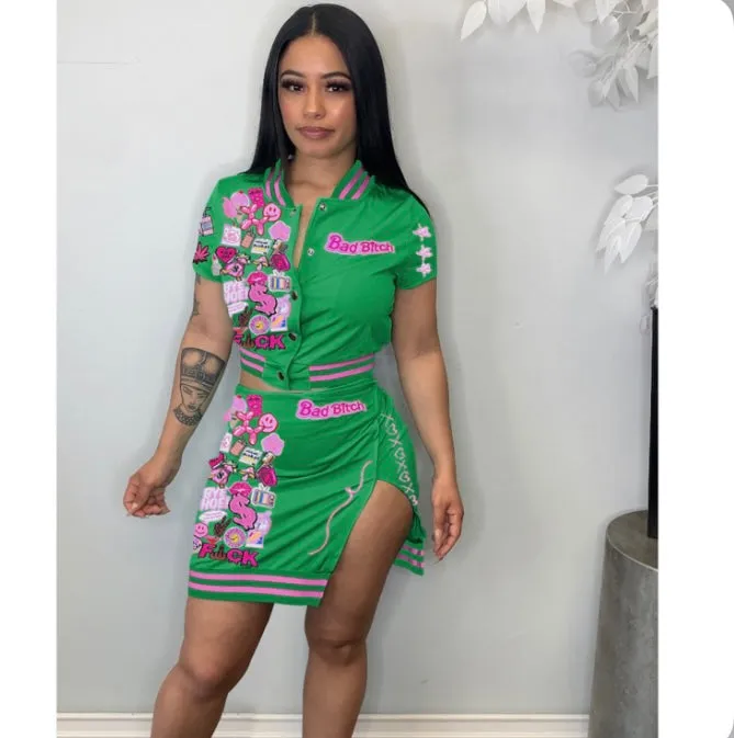 Short Sleeve Print Tops And Skirts Two Piece Set