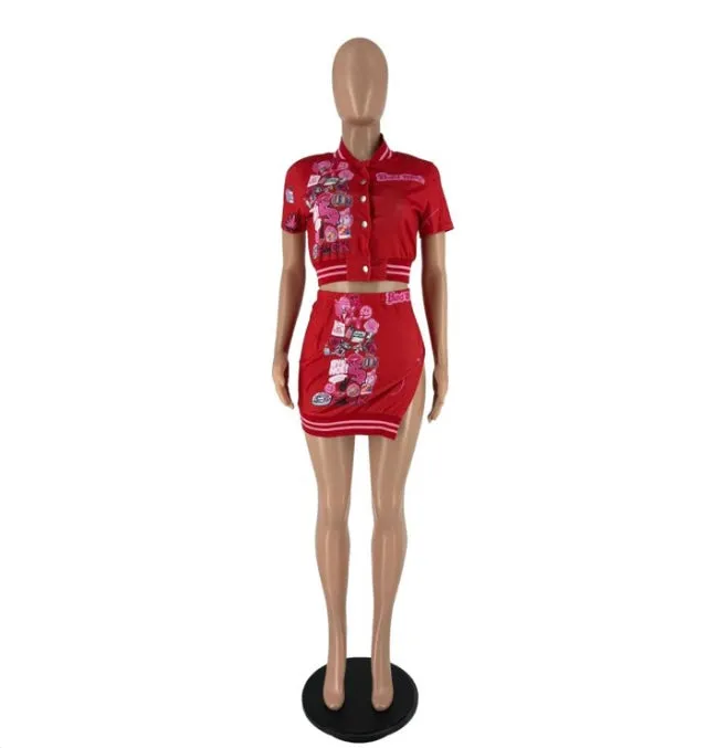 Short Sleeve Print Tops And Skirts Two Piece Set