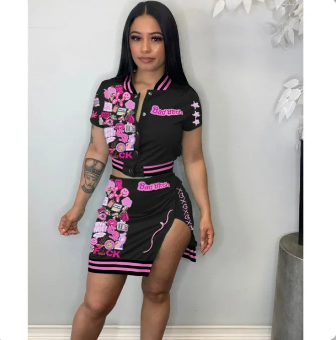 Short Sleeve Print Tops And Skirts Two Piece Set