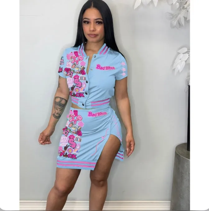 Short Sleeve Print Tops And Skirts Two Piece Set