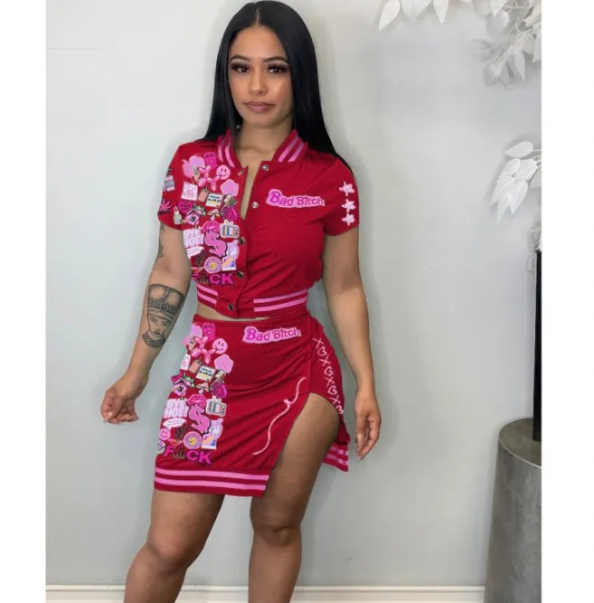 Short Sleeve Print Tops And Skirts Two Piece Set