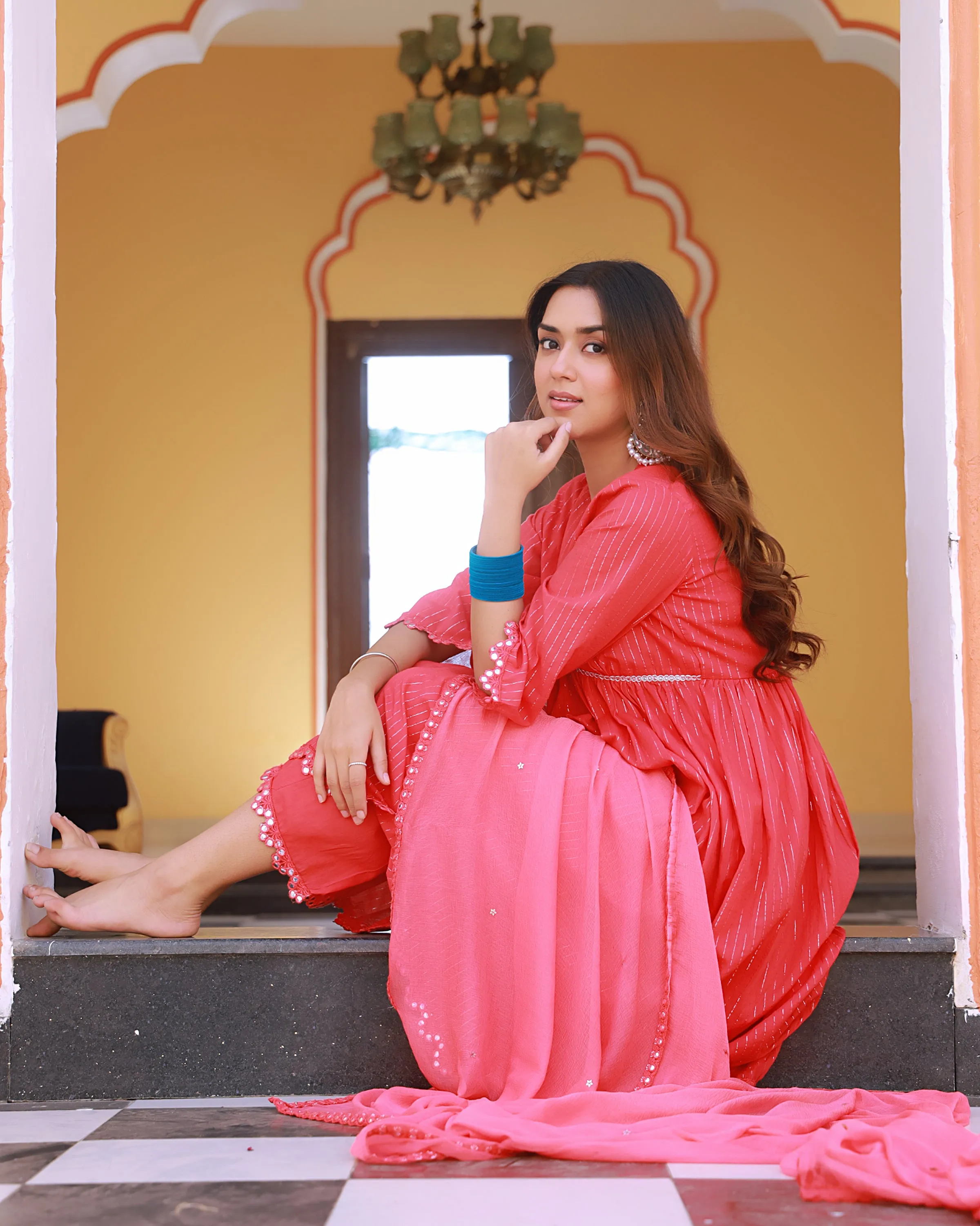 Sitara Coral Lurex Gathered Kurta Suit Set ( Set of 3 )