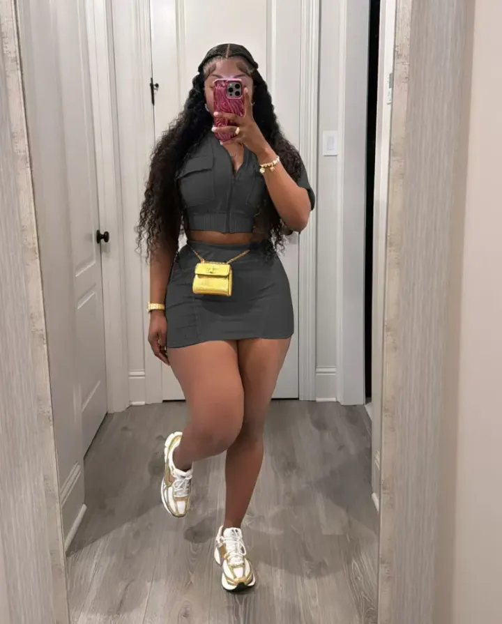 Solid Short Sleeve Zipper Two Piece Skirts Set