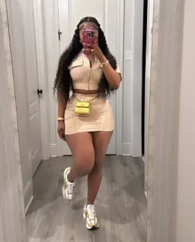 Solid Short Sleeve Zipper Two Piece Skirts Set