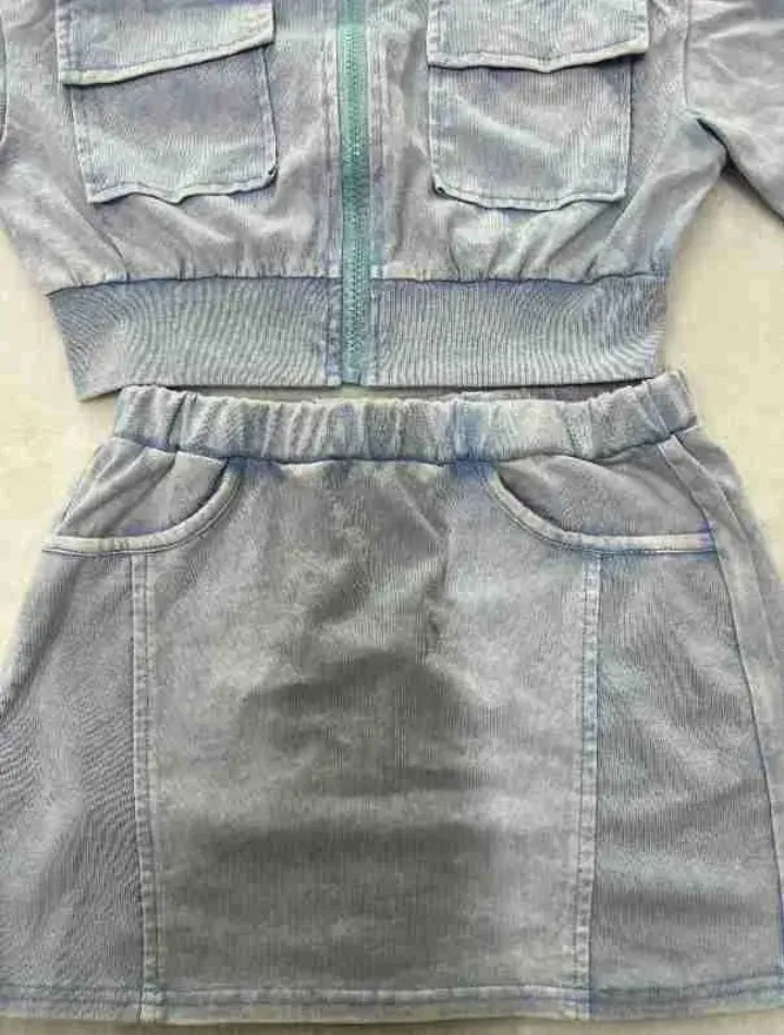 Solid Short Sleeve Zipper Two Piece Skirts Set