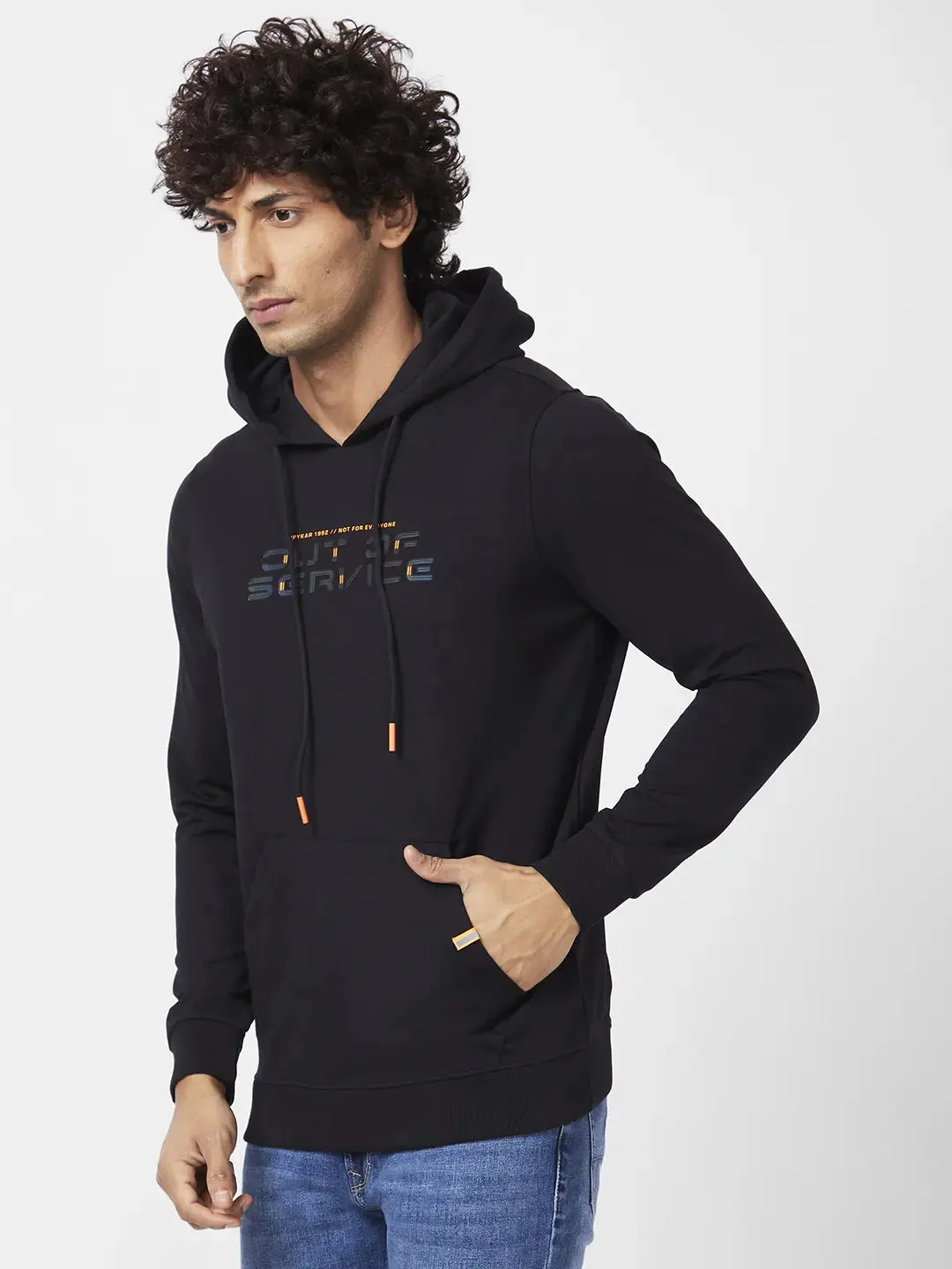 Spykar Men Black Blended Regular Fit Full Sleeve Hooded Plain Sweatshirt