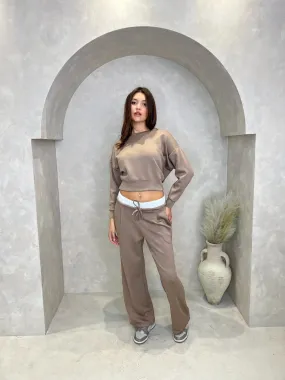 Taupe Round Neck Cropped Sweatshirt