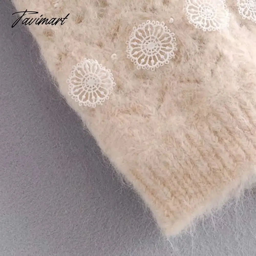 Tavimart  Lace Stripe Patchwork Woman Sweaters Knitted Loose Sweet Sweater Vintage High Neck Lantern Sleeve  Pullover Women Tops