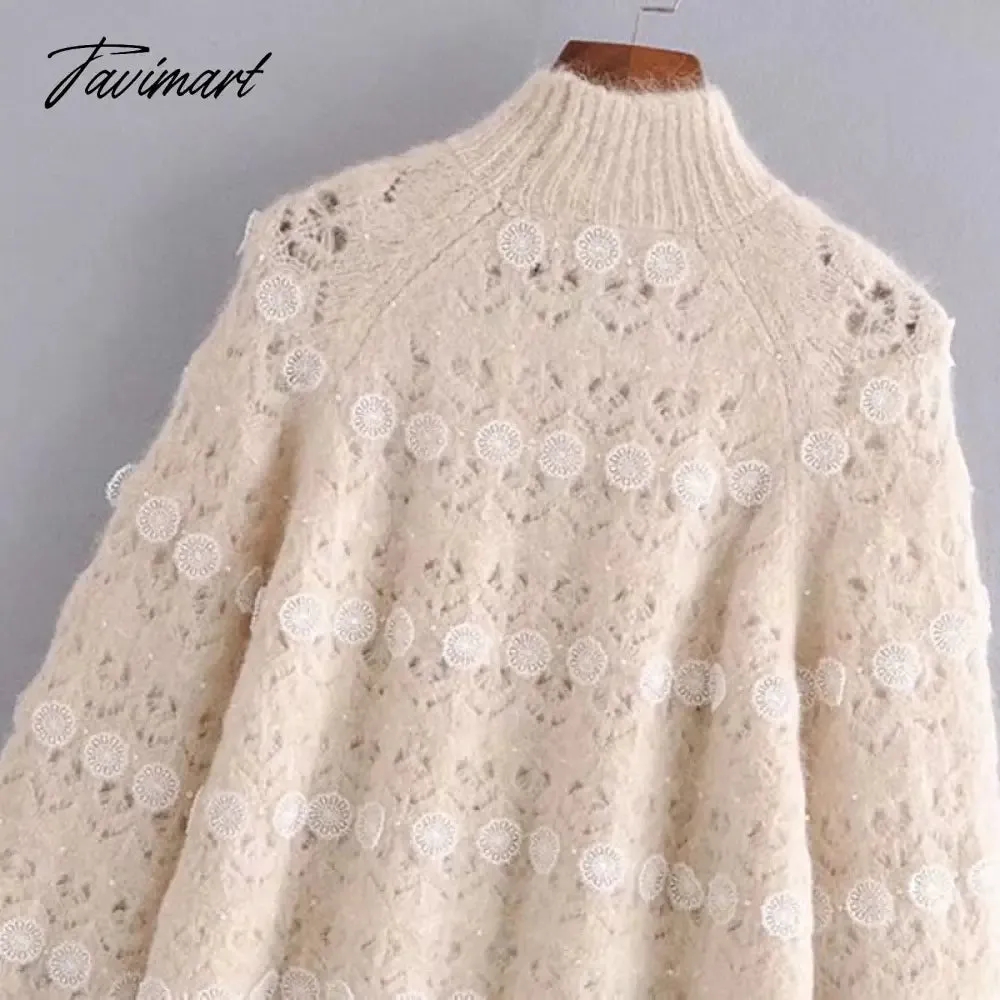 Tavimart  Lace Stripe Patchwork Woman Sweaters Knitted Loose Sweet Sweater Vintage High Neck Lantern Sleeve  Pullover Women Tops