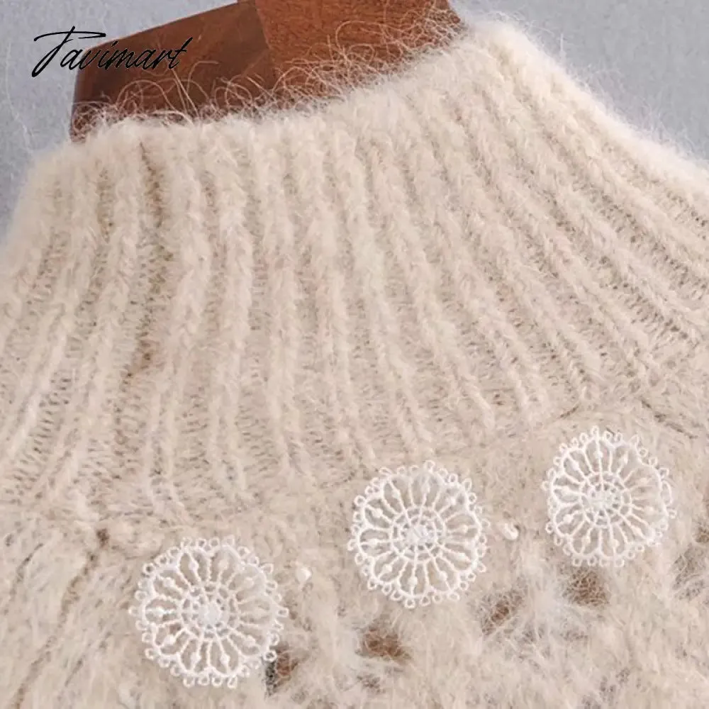 Tavimart  Lace Stripe Patchwork Woman Sweaters Knitted Loose Sweet Sweater Vintage High Neck Lantern Sleeve  Pullover Women Tops