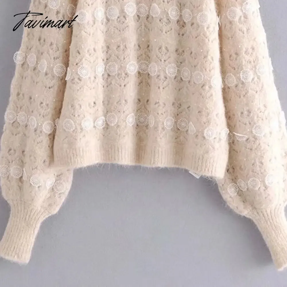 Tavimart  Lace Stripe Patchwork Woman Sweaters Knitted Loose Sweet Sweater Vintage High Neck Lantern Sleeve  Pullover Women Tops