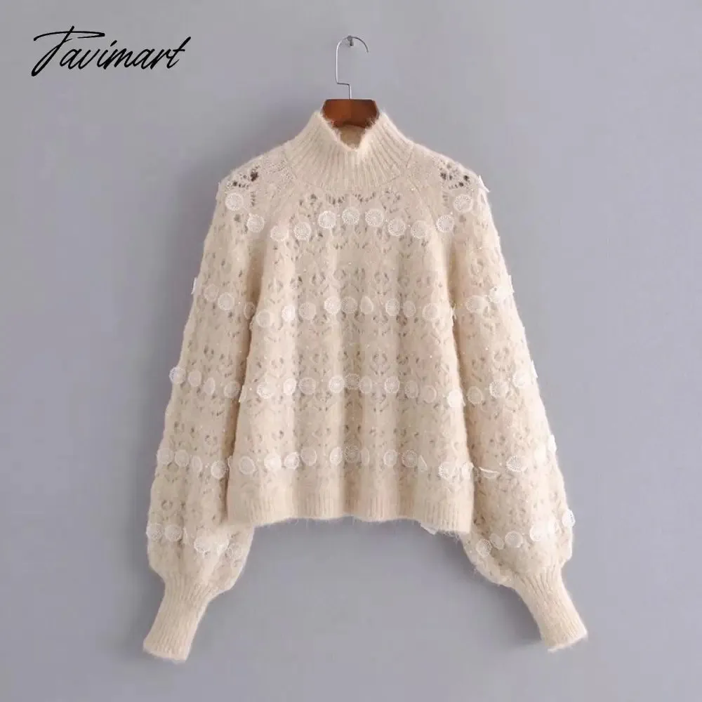 Tavimart  Lace Stripe Patchwork Woman Sweaters Knitted Loose Sweet Sweater Vintage High Neck Lantern Sleeve  Pullover Women Tops