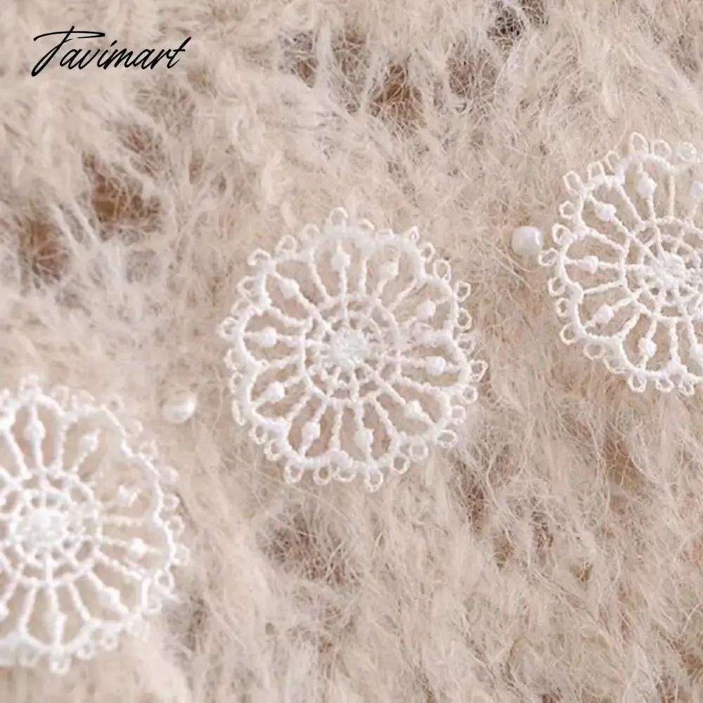 Tavimart  Lace Stripe Patchwork Woman Sweaters Knitted Loose Sweet Sweater Vintage High Neck Lantern Sleeve  Pullover Women Tops