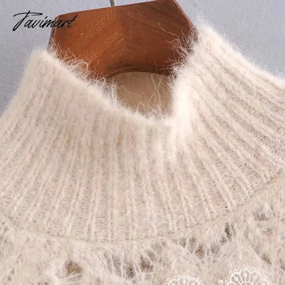 Tavimart  Lace Stripe Patchwork Woman Sweaters Knitted Loose Sweet Sweater Vintage High Neck Lantern Sleeve  Pullover Women Tops