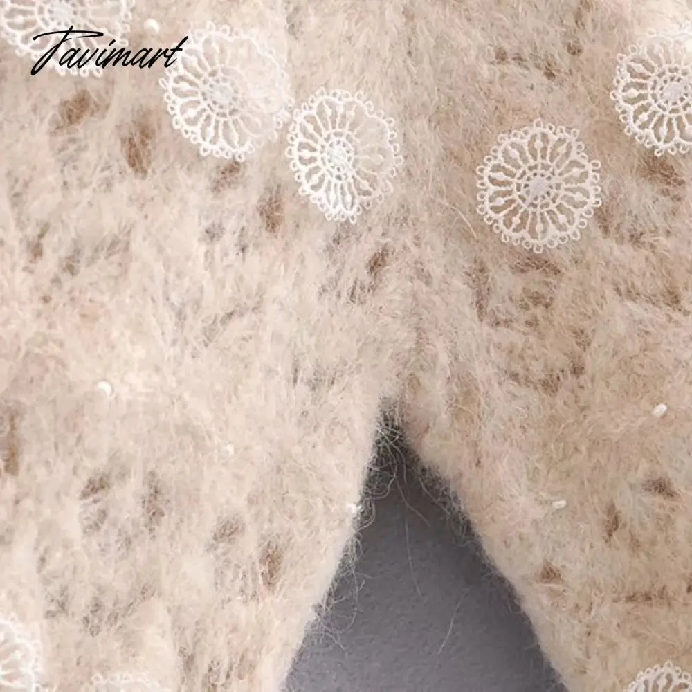 Tavimart  Lace Stripe Patchwork Woman Sweaters Knitted Loose Sweet Sweater Vintage High Neck Lantern Sleeve  Pullover Women Tops