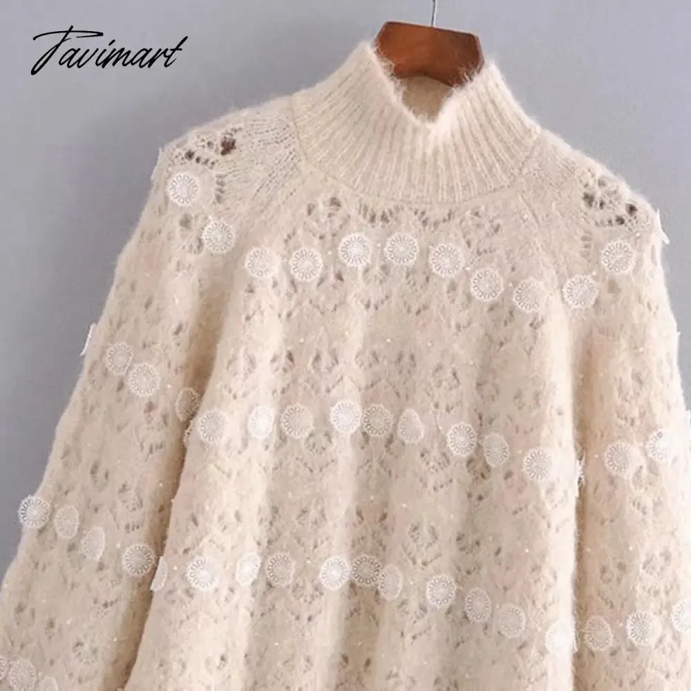 Tavimart  Lace Stripe Patchwork Woman Sweaters Knitted Loose Sweet Sweater Vintage High Neck Lantern Sleeve  Pullover Women Tops