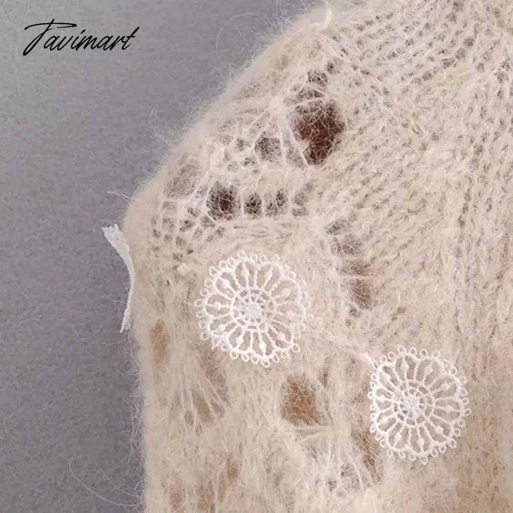 Tavimart  Lace Stripe Patchwork Woman Sweaters Knitted Loose Sweet Sweater Vintage High Neck Lantern Sleeve  Pullover Women Tops