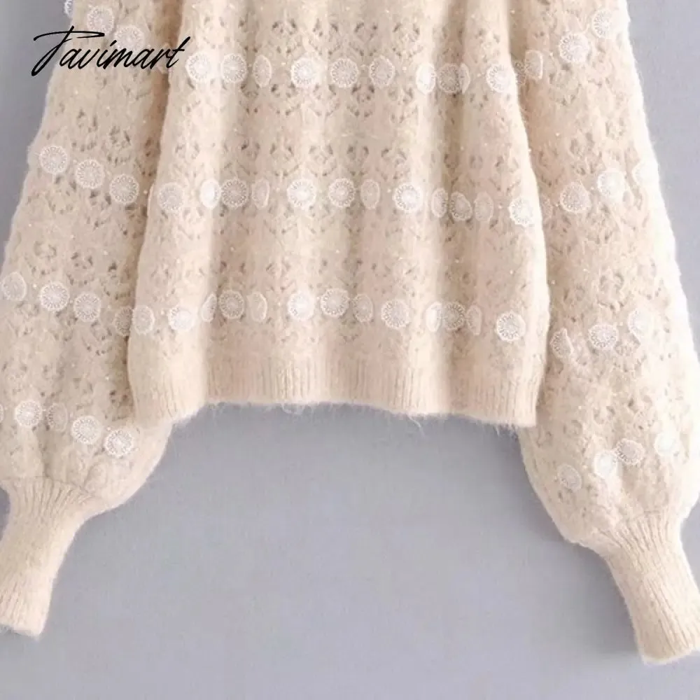 Tavimart  Lace Stripe Patchwork Woman Sweaters Knitted Loose Sweet Sweater Vintage High Neck Lantern Sleeve  Pullover Women Tops