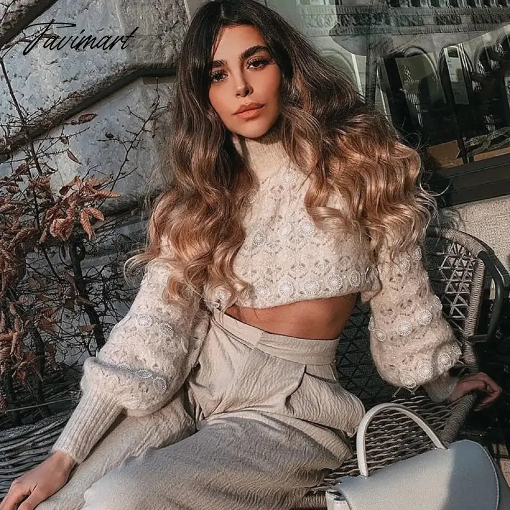 Tavimart  Lace Stripe Patchwork Woman Sweaters Knitted Loose Sweet Sweater Vintage High Neck Lantern Sleeve  Pullover Women Tops