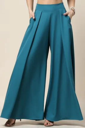 Teal Solid Color Women Wide Palazzo Pants