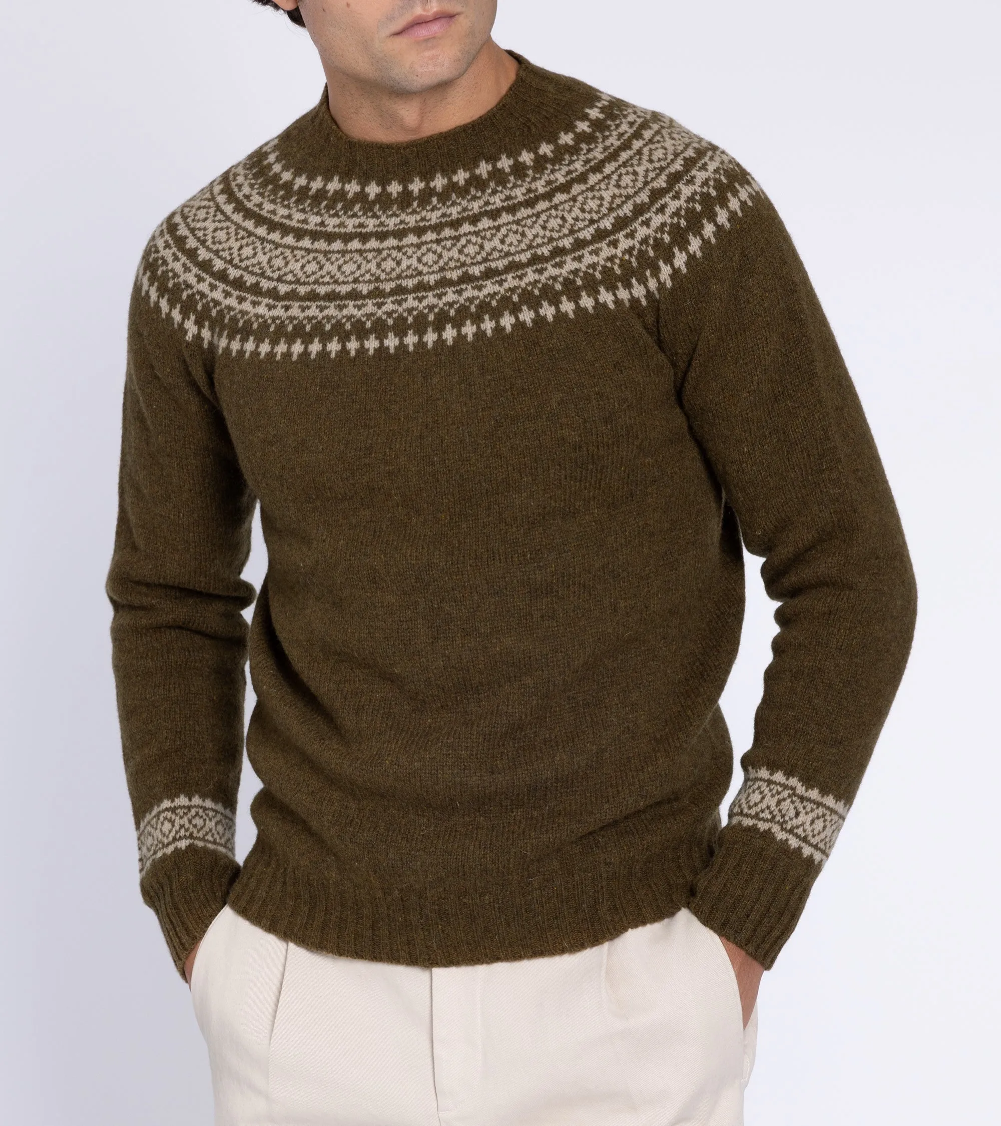 Trunk Elm Fairisle Crew Neck Sweater: Olive
