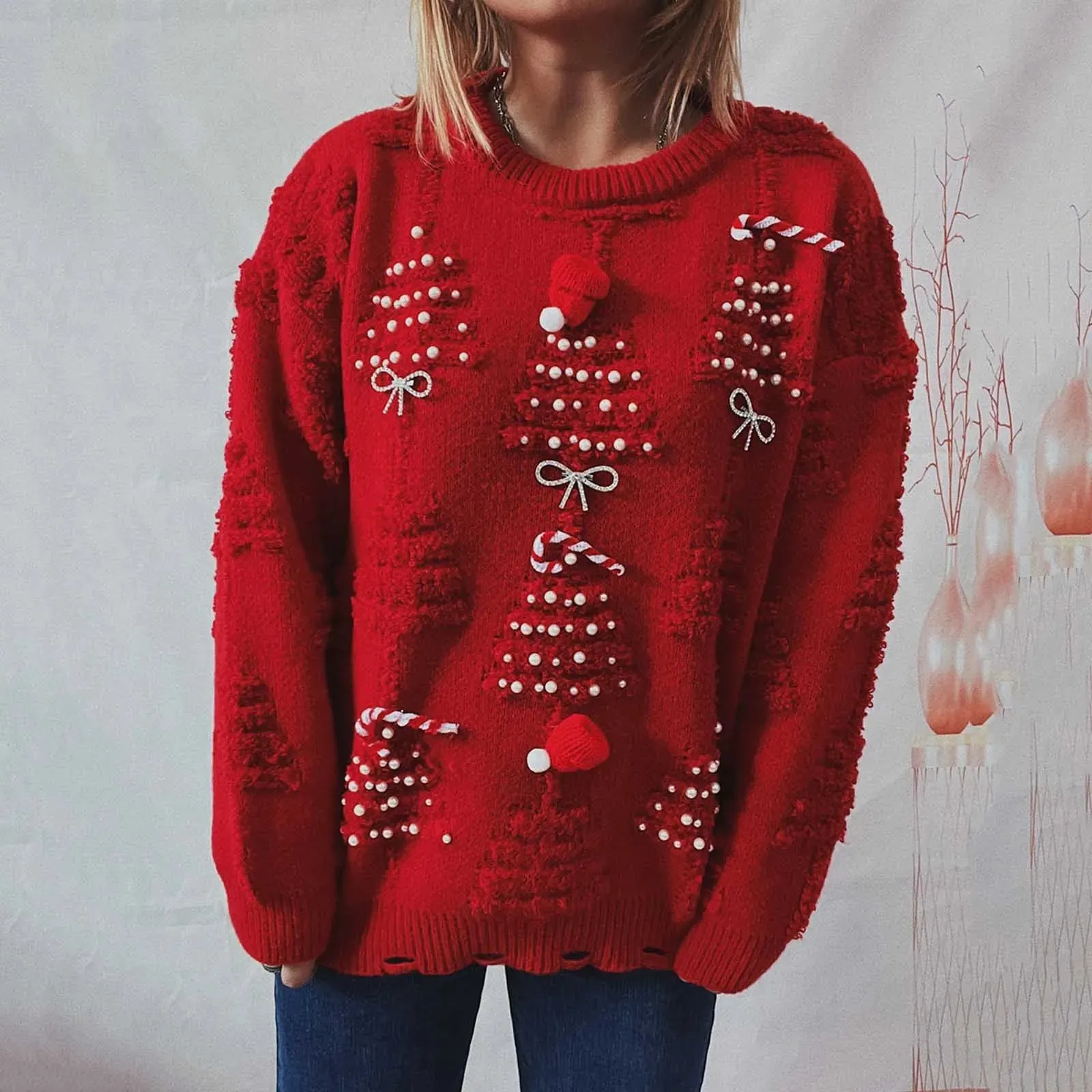 Wenkouban-Christmas Thanksgiving outfits_New O-Neck Lantern Sleeve Loose Knitted Casual Christmas Christmas Sweater