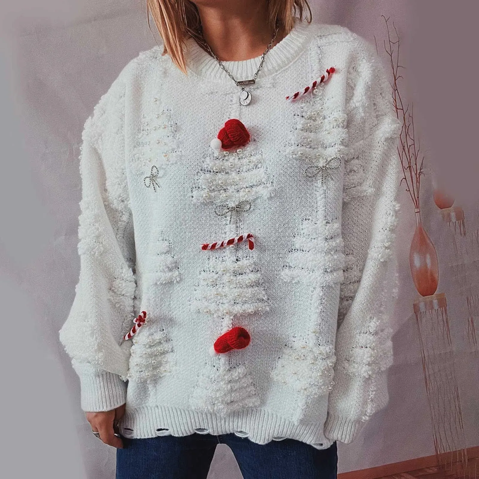 Wenkouban-Christmas Thanksgiving outfits_New O-Neck Lantern Sleeve Loose Knitted Casual Christmas Christmas Sweater