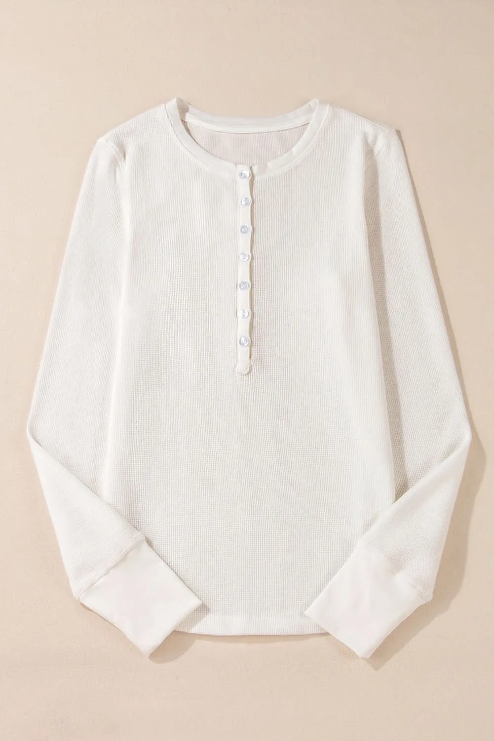 White Solid Color Waffle Half Button Long Sleeve Top