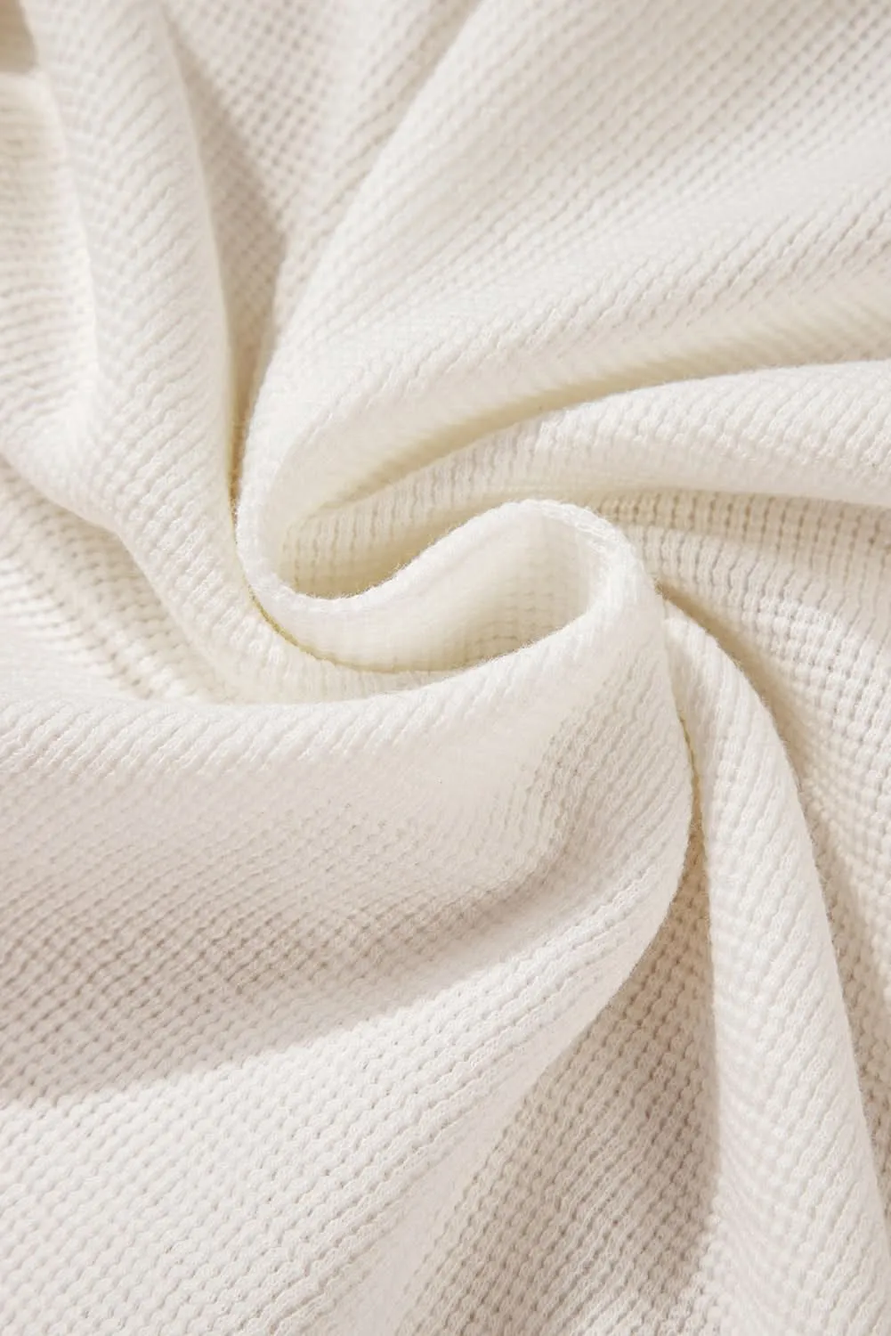 White Solid Color Waffle Half Button Long Sleeve Top