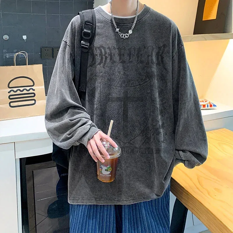 Wiaofellas  -  Spring Autumn New Men's Loose Sweatshirt Gothic Wear American Printed Long-sleeved Tshirt Hip Hop Round Neck Sweatshirts