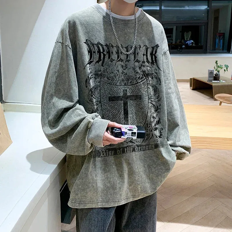 Wiaofellas  -  Spring Autumn New Men's Loose Sweatshirt Gothic Wear American Printed Long-sleeved Tshirt Hip Hop Round Neck Sweatshirts