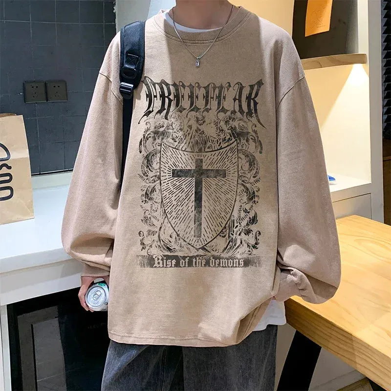 Wiaofellas  -  Spring Autumn New Men's Loose Sweatshirt Gothic Wear American Printed Long-sleeved Tshirt Hip Hop Round Neck Sweatshirts
