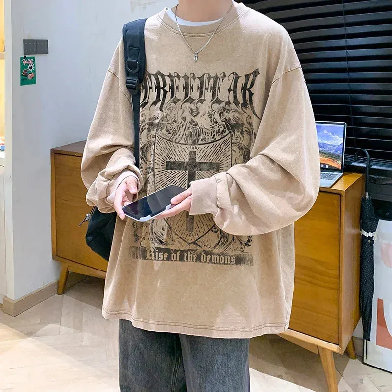 Wiaofellas  -  Spring Autumn New Men's Loose Sweatshirt Gothic Wear American Printed Long-sleeved Tshirt Hip Hop Round Neck Sweatshirts