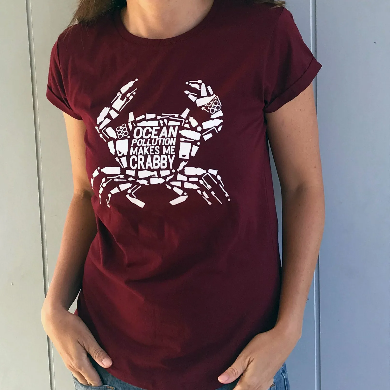 Women's 100% Recycled T-Shirt: Maroon 'Ocean Pollution Makes Me Crabby'