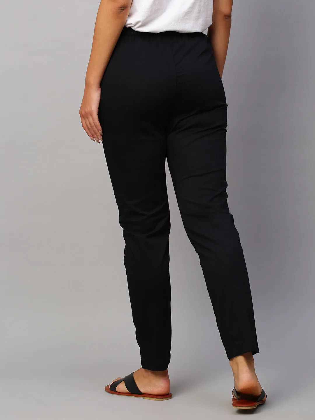 Women's Black Cotton Lycra Regular Fit Pant