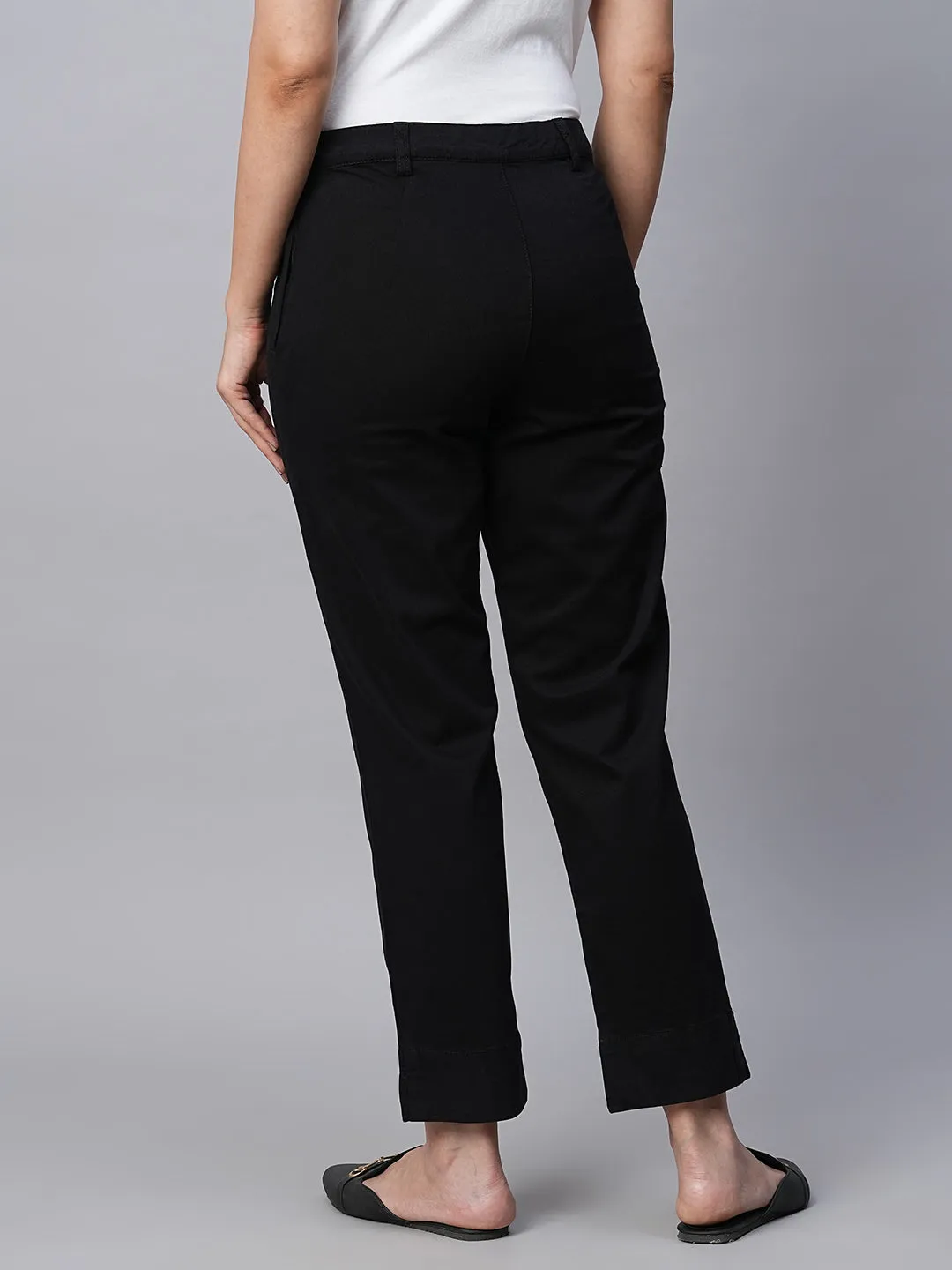 Women's Black Cotton Lycra Regular Fit Pant