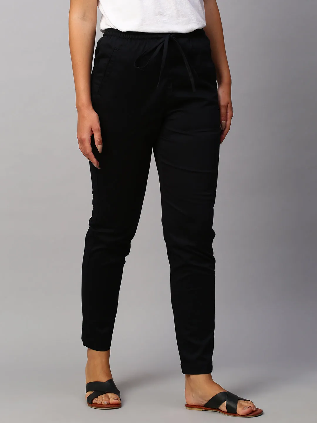 Women's Black Cotton Lycra Regular Fit Pant