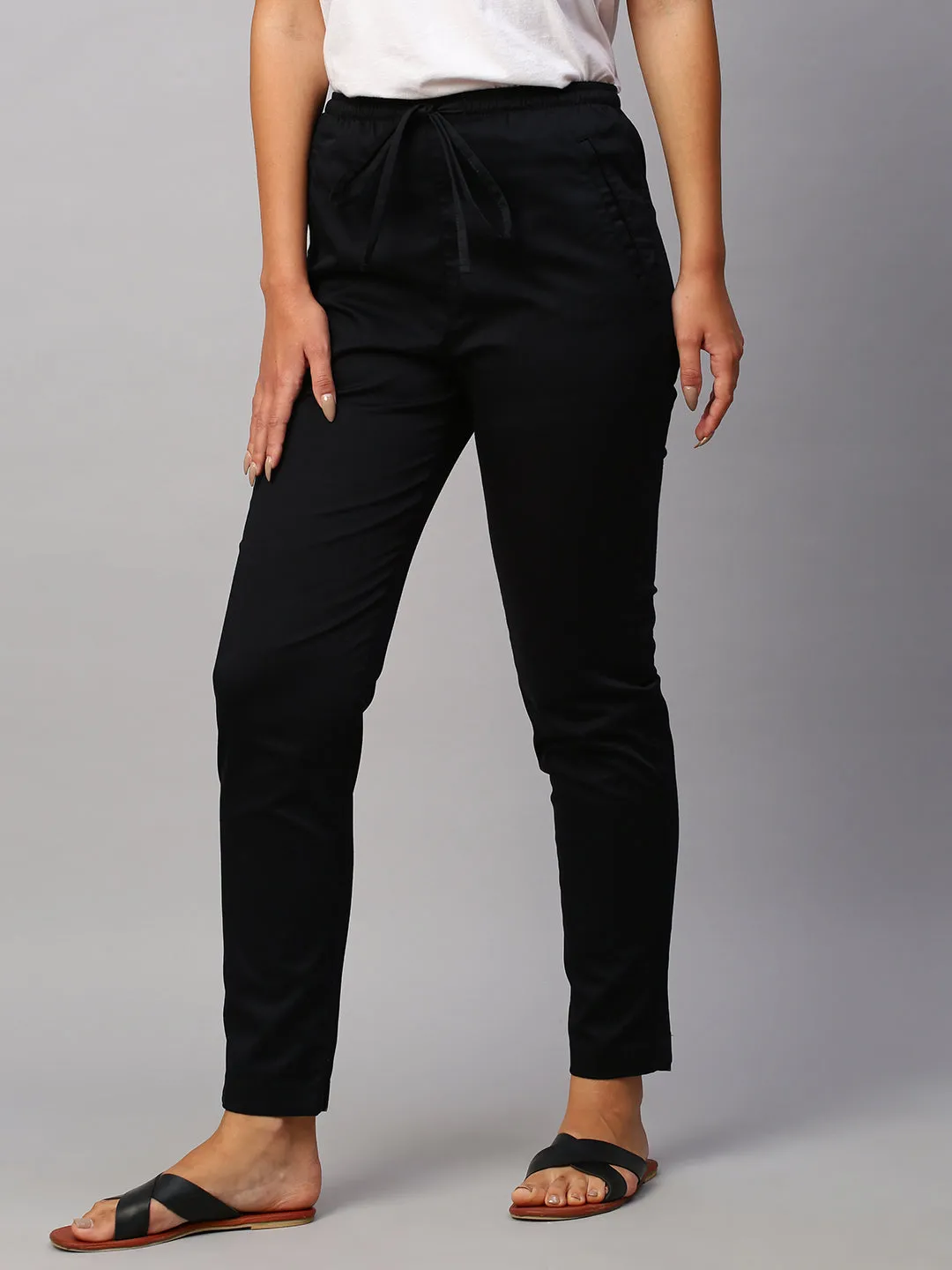 Women's Black Cotton Lycra Regular Fit Pant