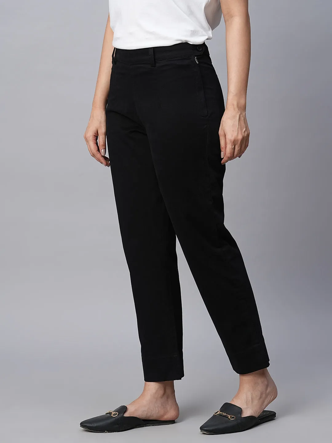 Women's Black Cotton Lycra Regular Fit Pant