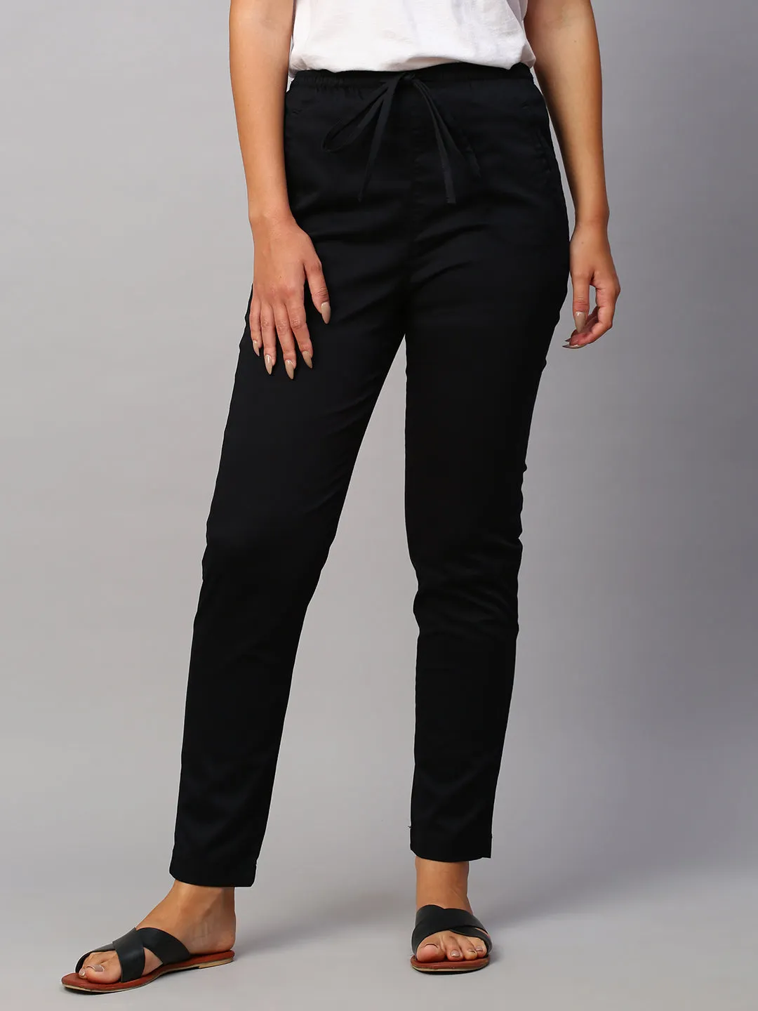 Women's Black Cotton Lycra Regular Fit Pant
