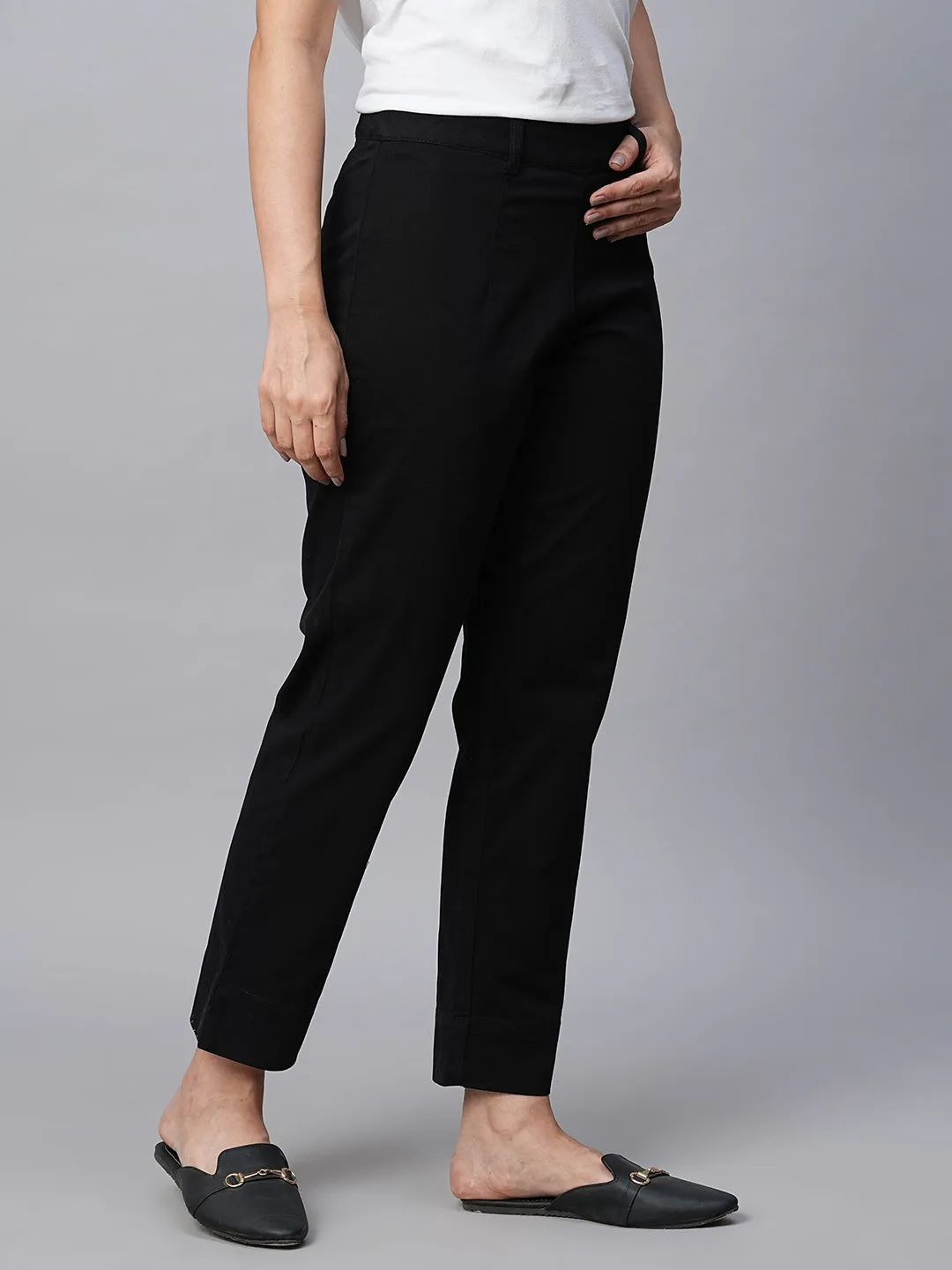 Women's Black Cotton Lycra Regular Fit Pant