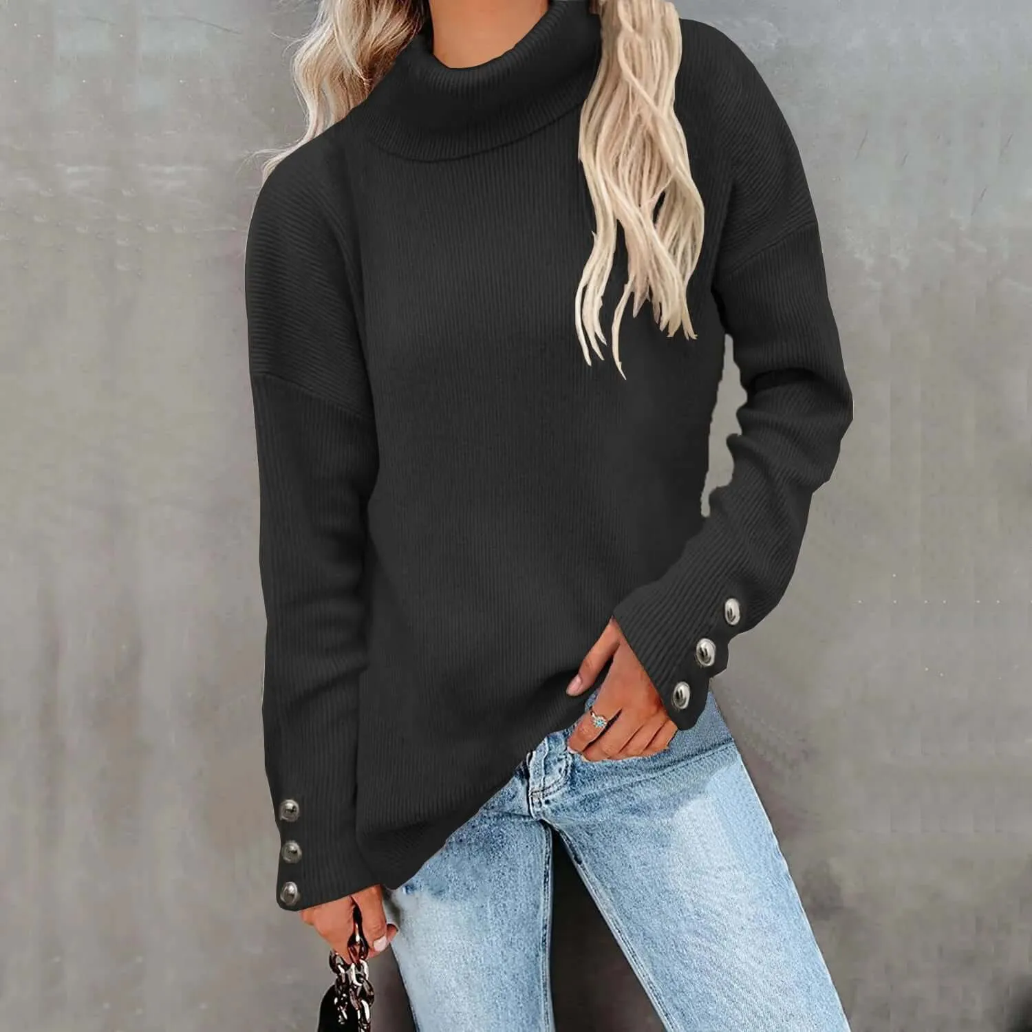 Women's High Neck Knitted Sweater - Cozy Casual Style